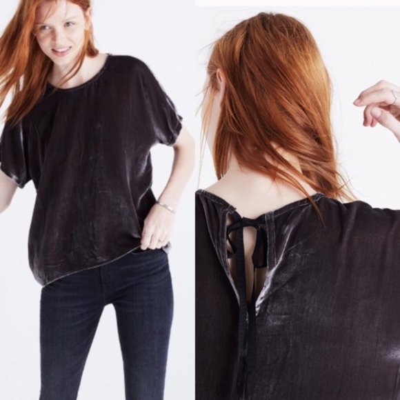 Madewell Silver Velvet Top w/ Black Ribbon Tie - Picture 1 of 7
